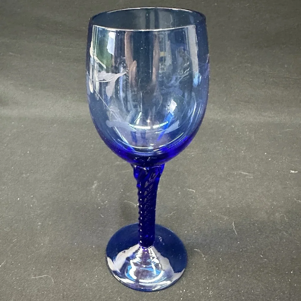 Vintage Cobalt Blue Wine Glass, Twisted stem, Etched Grape And Vine, Set of 2
